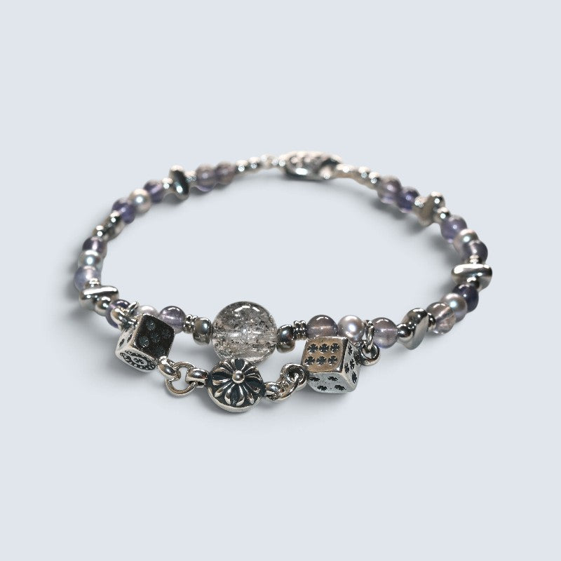 Black Herkimer Diamond Charm + Iolite w/ Akoya Pearl Bracelet