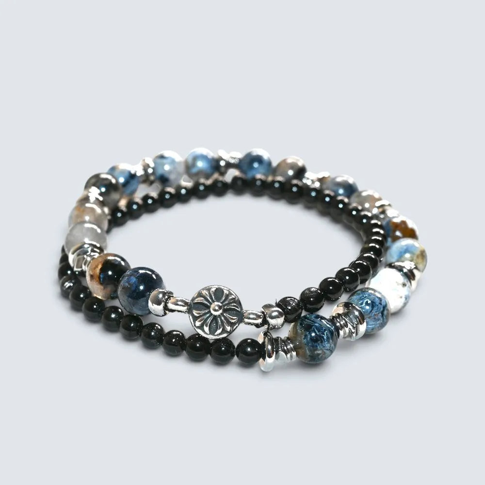 Silver Chrome Heart Charm + Pietersite w/ Hypersthene Bracelet