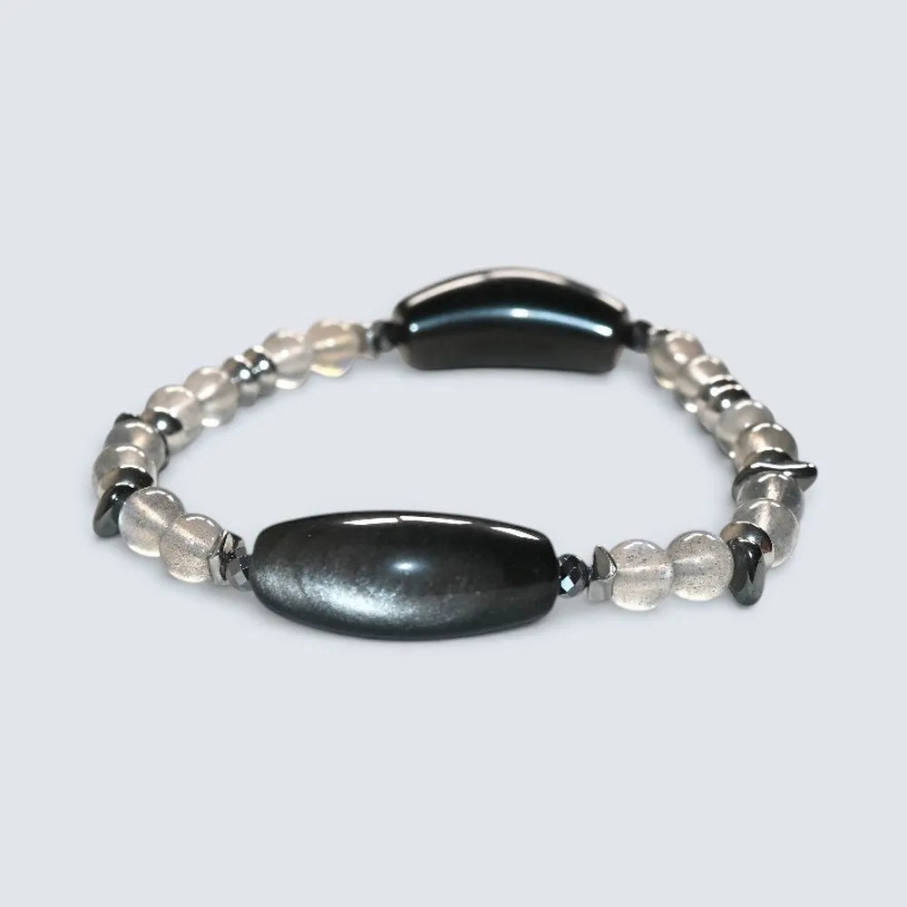 Double Silver Obsidian Charm w/  Grey Moonstone Bracelet