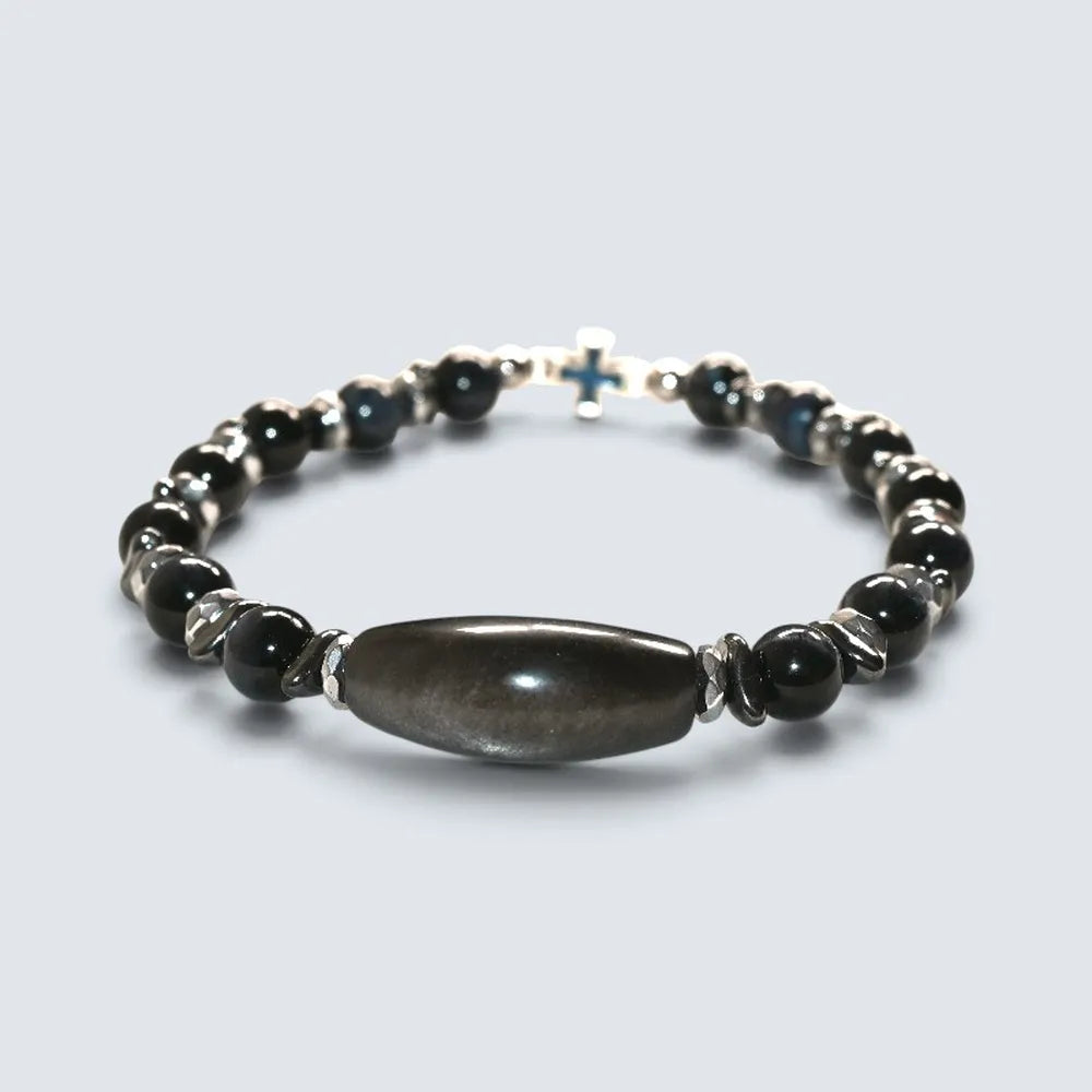 Silver Obsidian Charm w/ Blue Tiger Eye Bracelet