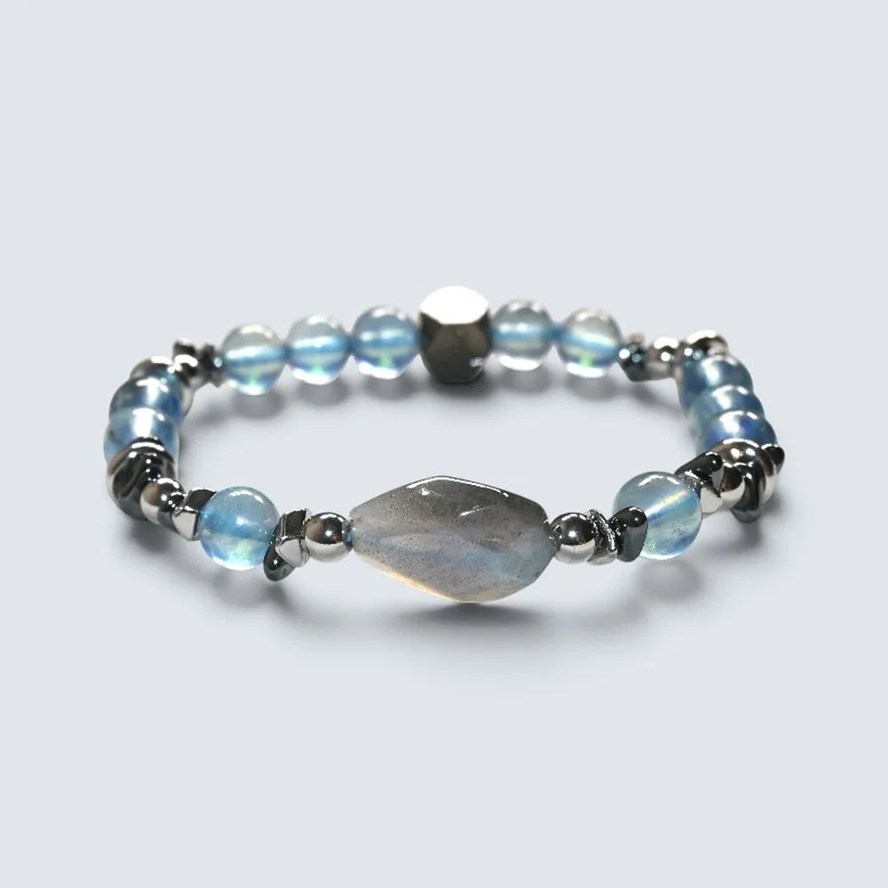 Labradorite Charm + Aquamarine Phantom Quartz w/ Sweden Meteorite Bracelet