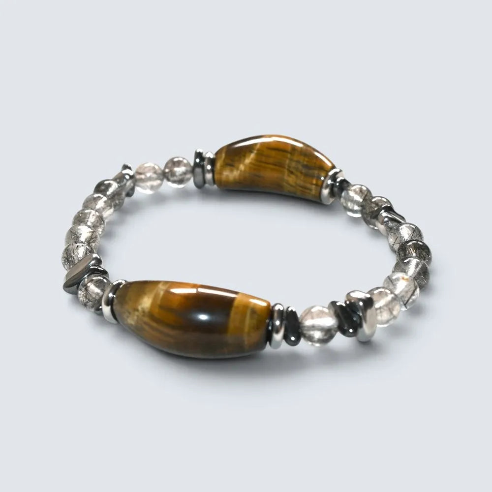 Double Tiger Eye Charm w/ Black Rutilated Quartz Bracelet