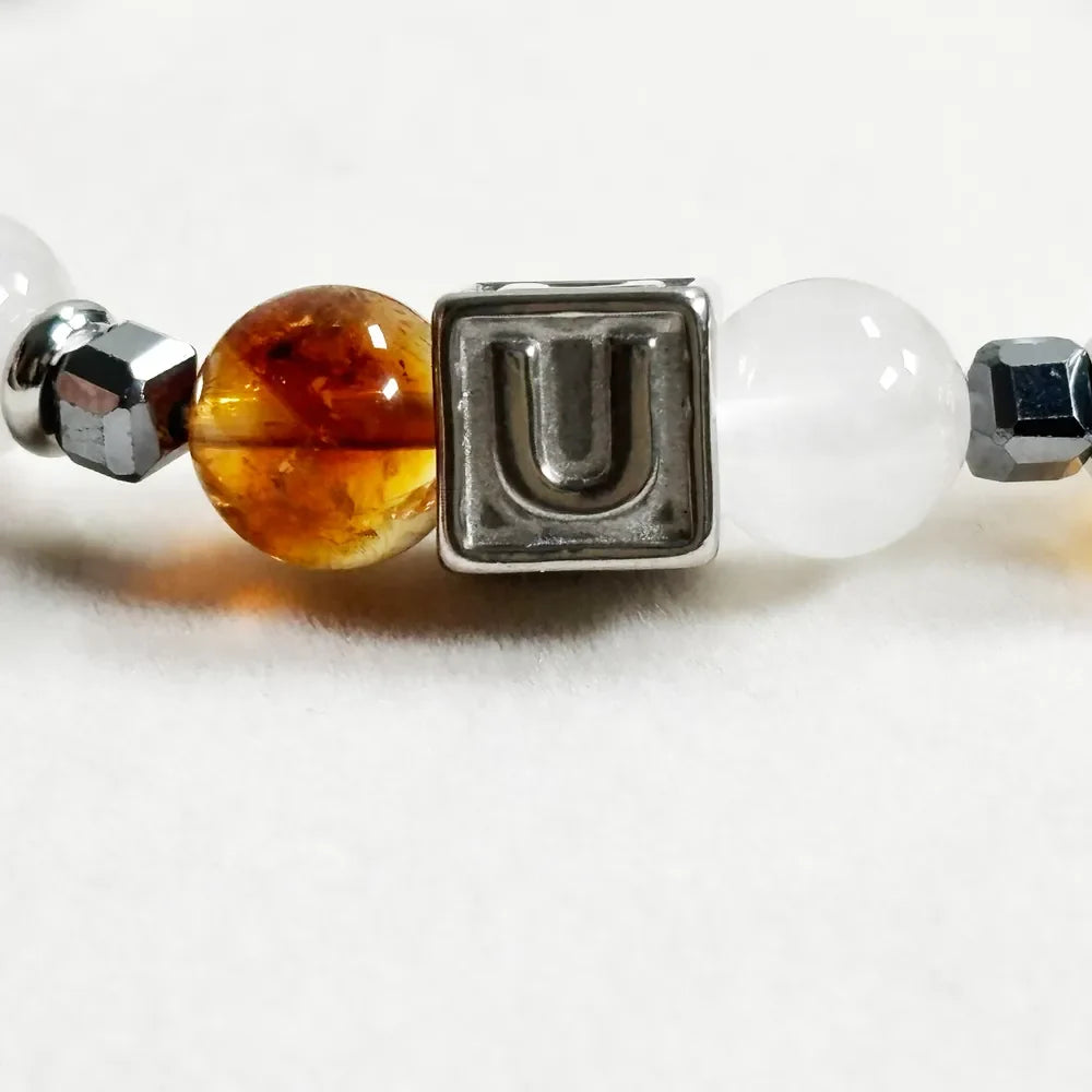 Letter U  | Citrine Pyramid & White Rutilated Quartz Bracelet