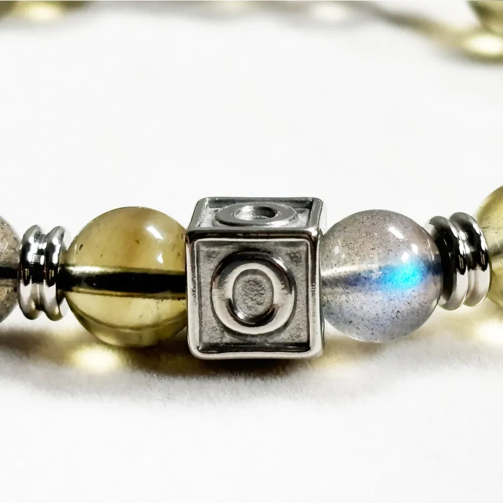 Letter O  | Grey Moonstone & Libyan Desert Glass Bracelet