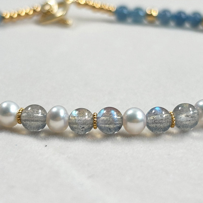 Devil's Aquamarine + Grey Moonstone w/ Freshwater Pearl Anklet