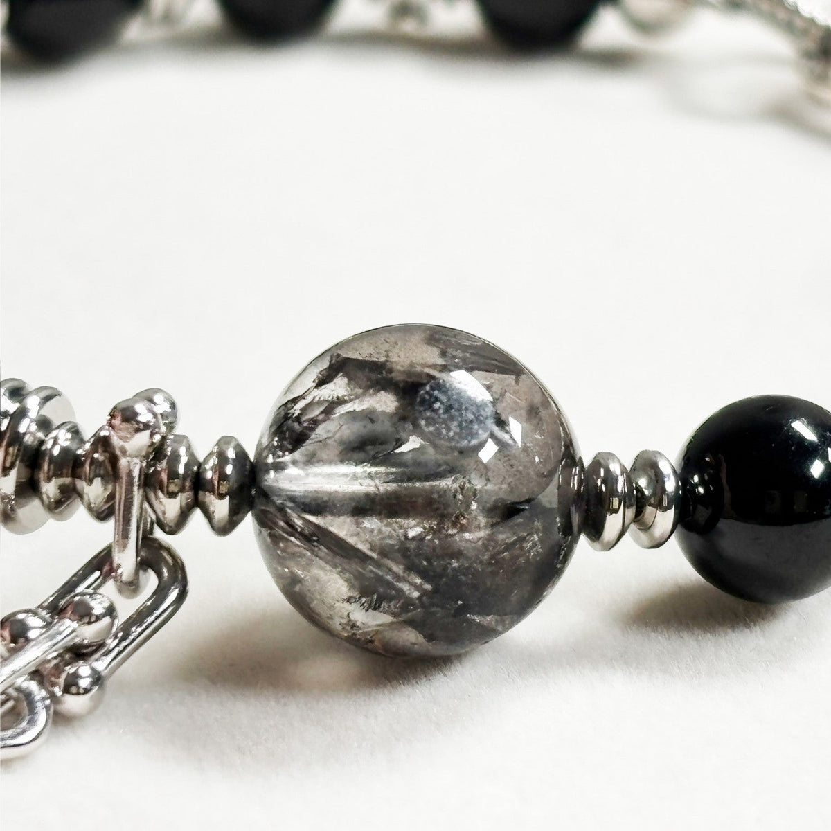 Agate Charm + Black Tourmaline w/ Herkimer Diamond Bangle