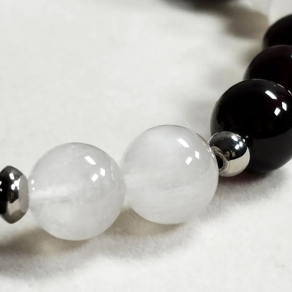 Black Herkimer Diamond Charm + Moonstone w/ Garnet Quartz Bracelet