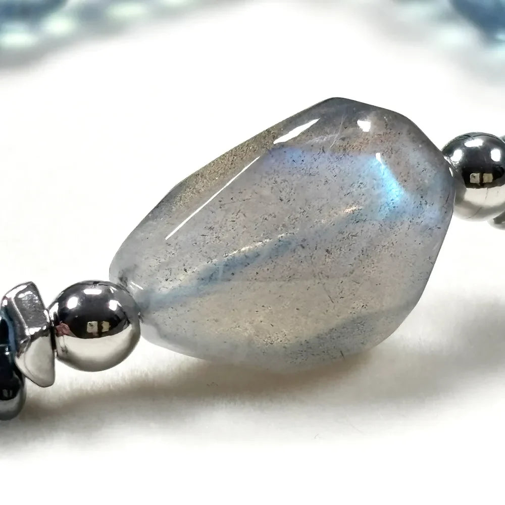 Labradorite Charm + Aquamarine Phantom Quartz w/ Sweden Meteorite Bracelet