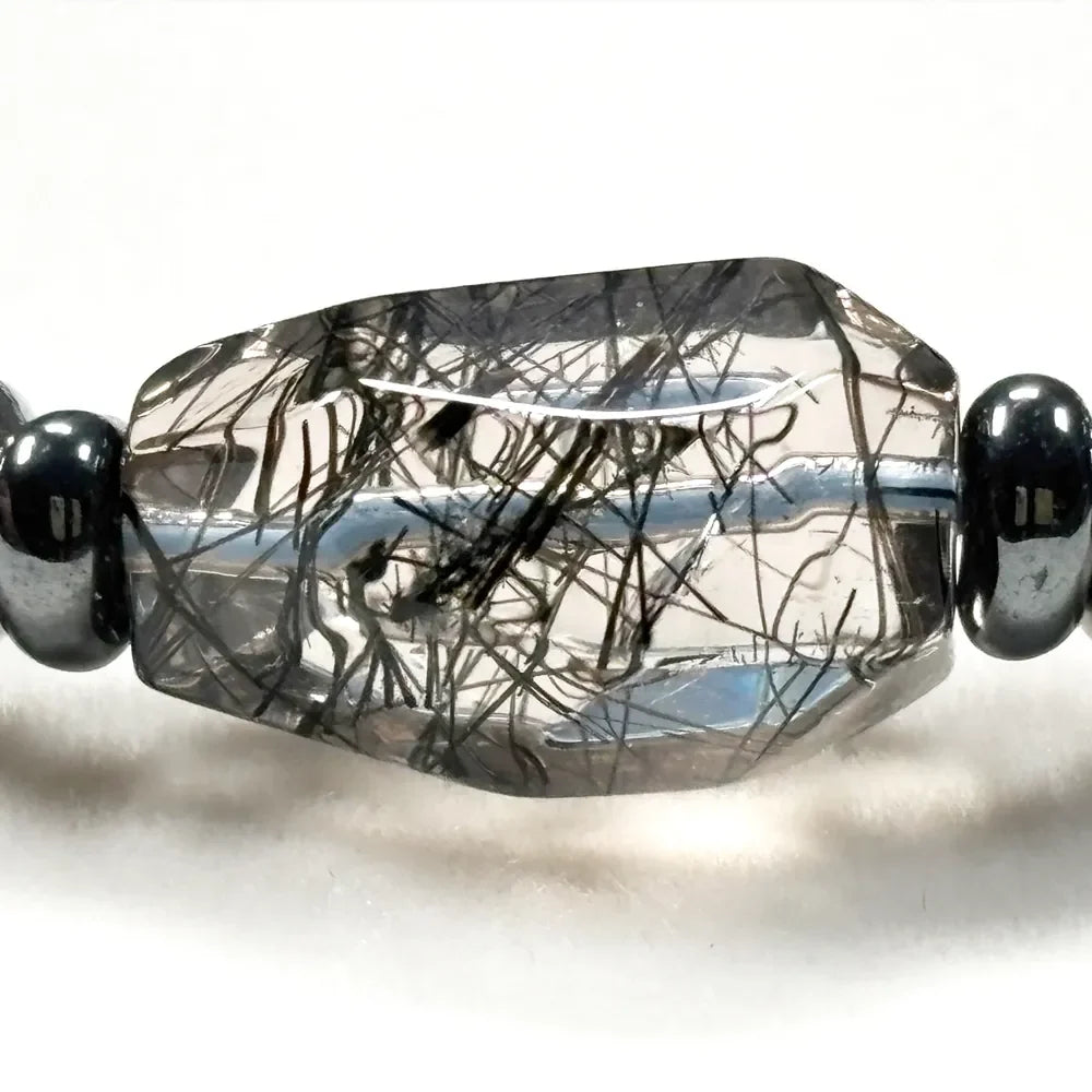 Black Rutilated Quartz Charm + Aquamarine Phantom Quartz  w/ Meteorite Bracelet