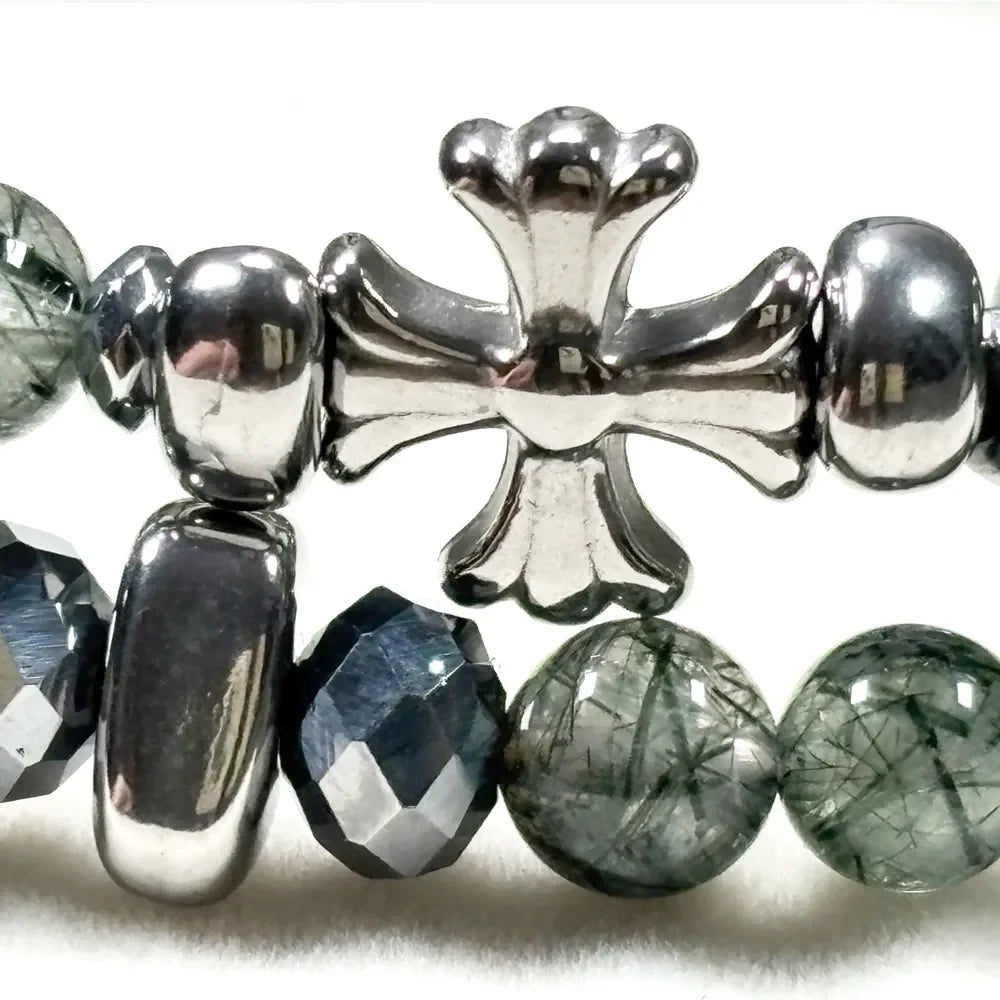 Silver Chrome Heart Cross Charm + Green Lepidolite Quartz w/ Green Rutilated Quartz Bracelet