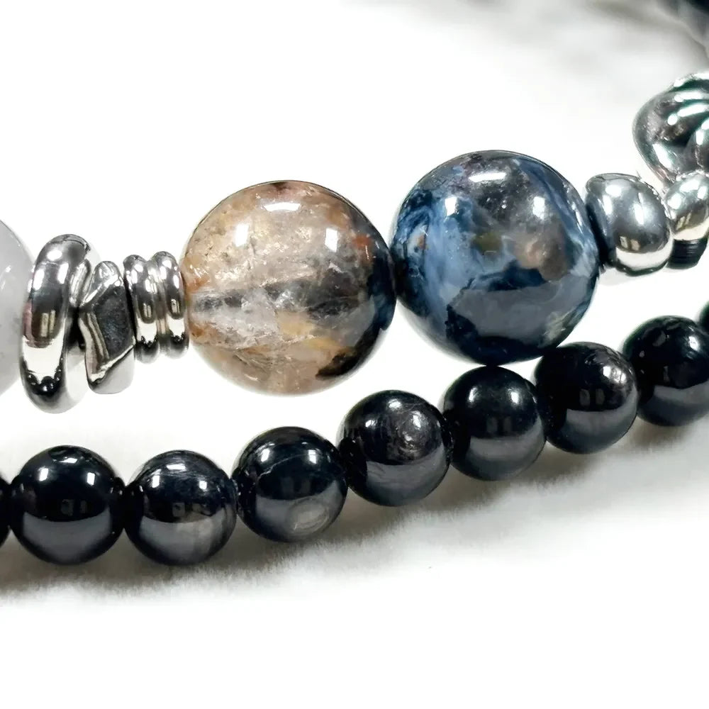 Silver Chrome Heart Charm + Pietersite w/ Hypersthene Bracelet