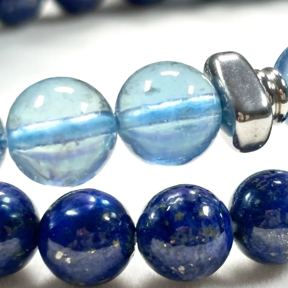 Silver Chrome Heart Cross Charm + Aquamarine Phantom Quartz w/ Lapis Lazuli Bracelet