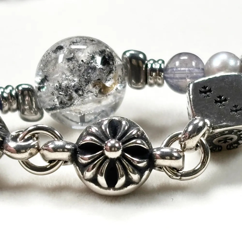 Black Herkimer Diamond Charm + Iolite w/ Akoya Pearl Bracelet