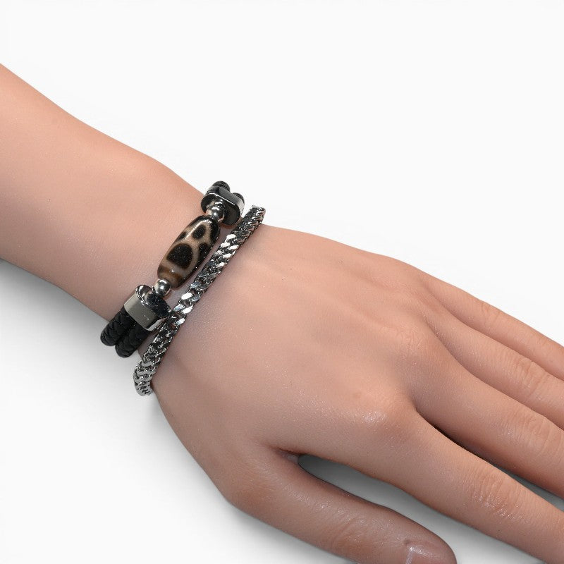 Wealth God Dzi Bead w/ Leather Bangle