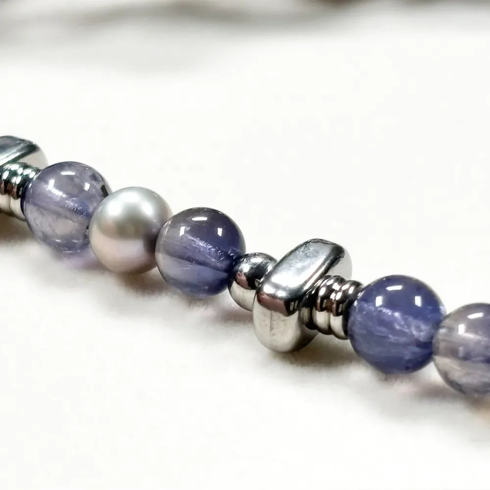Black Herkimer Diamond Charm + Iolite w/ Akoya Pearl Bracelet