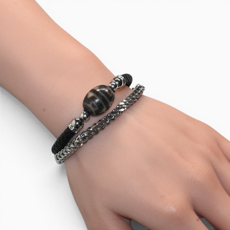 Lotus Tiger Tooth Dzi Bead w/ Leather Bangle