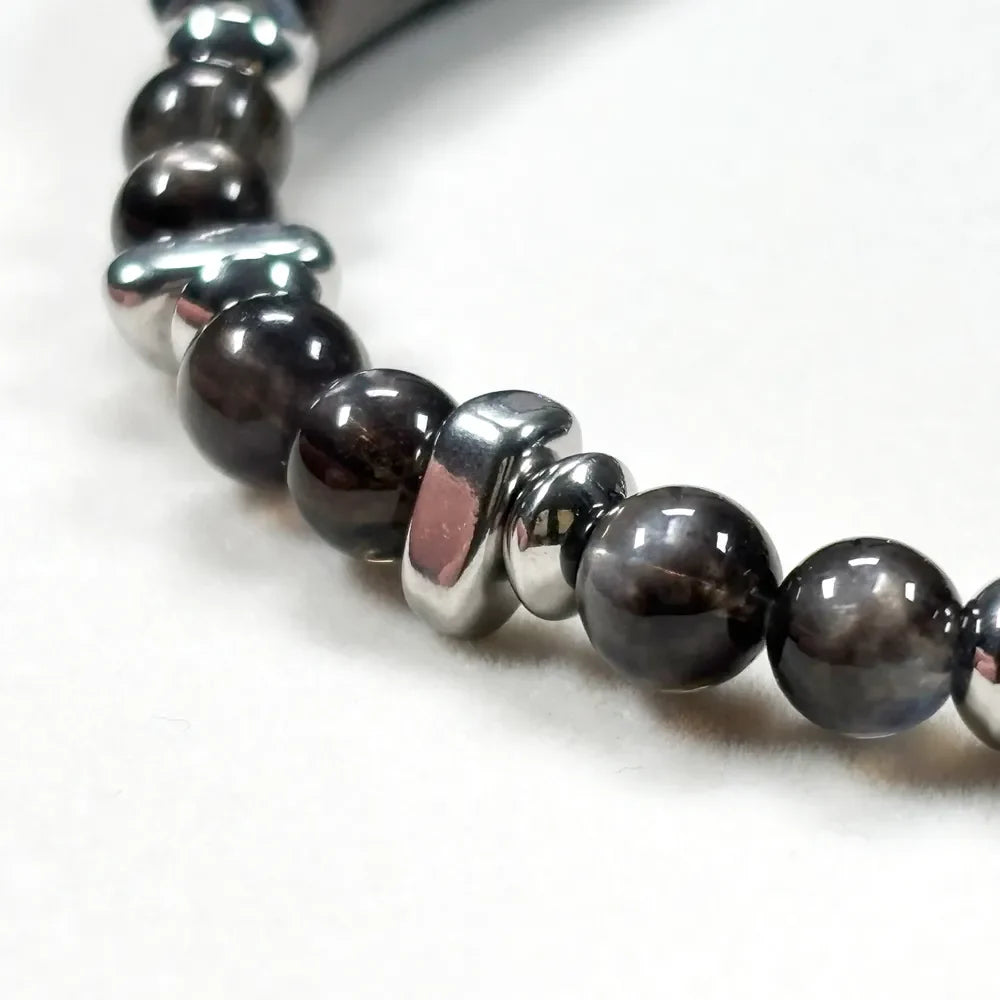 Double Silver Obsidian Charm w/ Black Skeletal Sunstone Bracelet