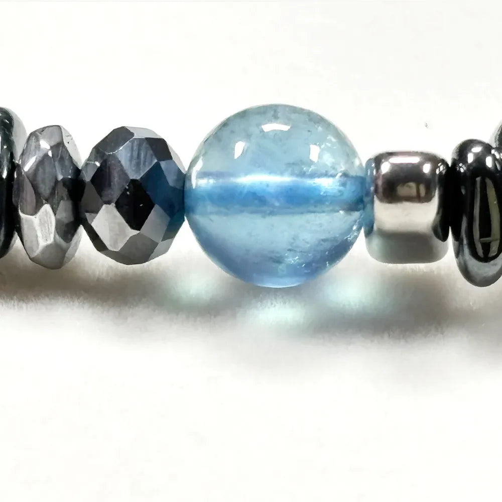 Black Rutilated Quartz Charm + Aquamarine Phantom Quartz  w/ Meteorite Bracelet
