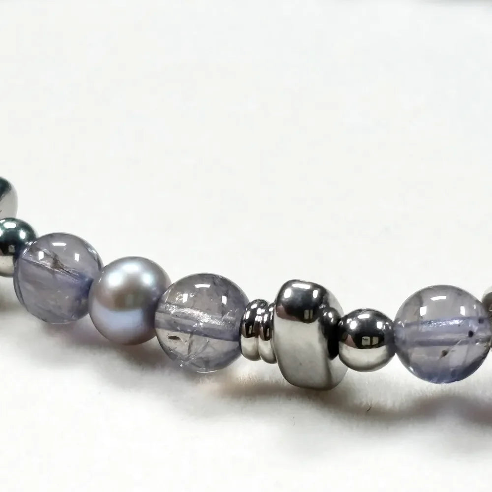 Black Herkimer Diamond Charm + Iolite w/ Akoya Pearl Bracelet