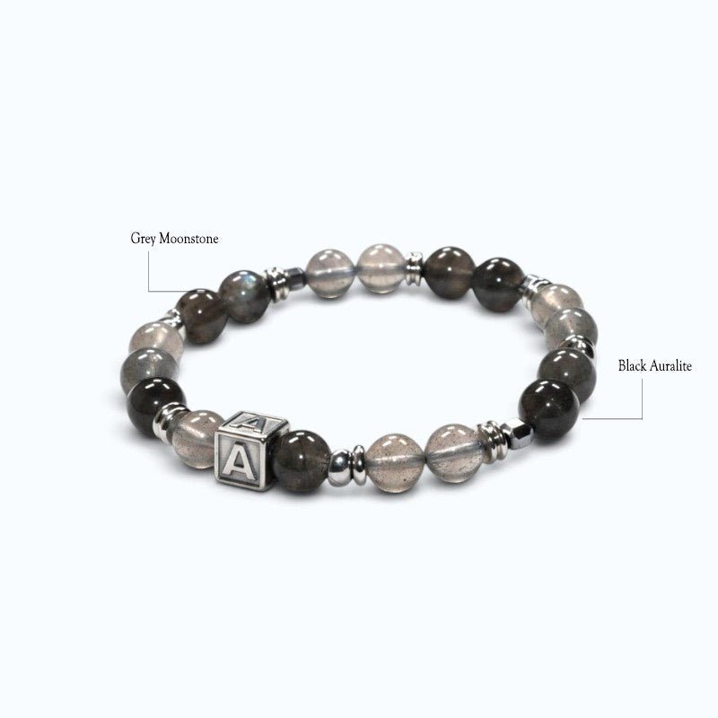 Letter A | Grey Moonstone & Black Auralite Bracelet
