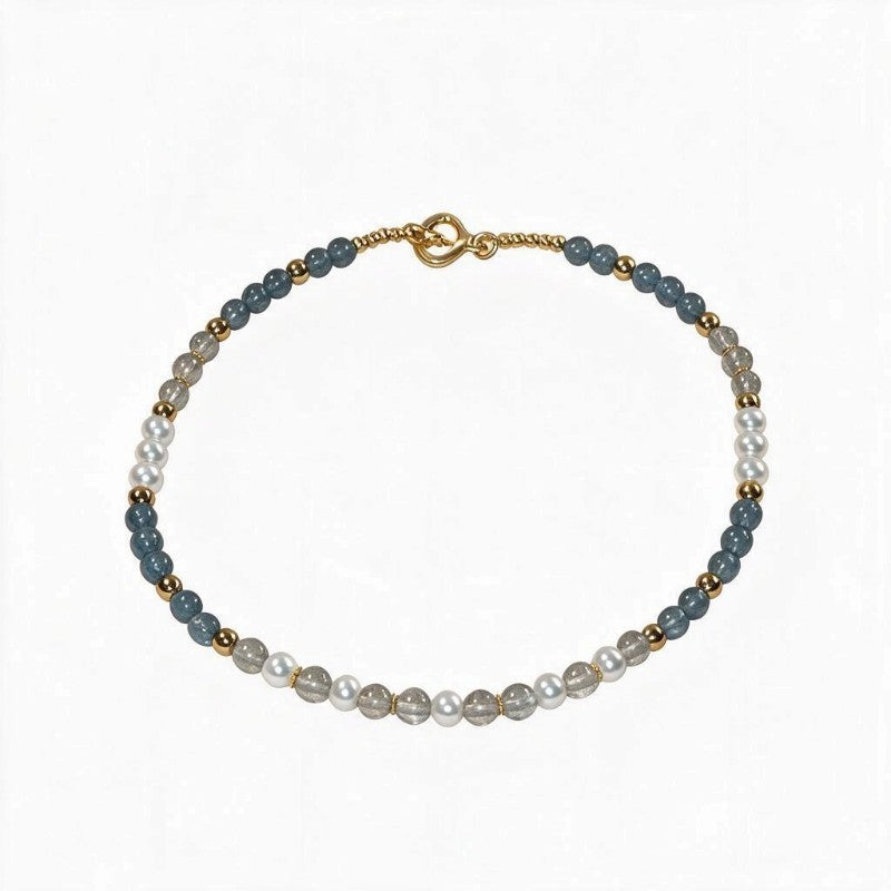 Devil's Aquamarine + Grey Moonstone w/ Freshwater Pearl Anklet