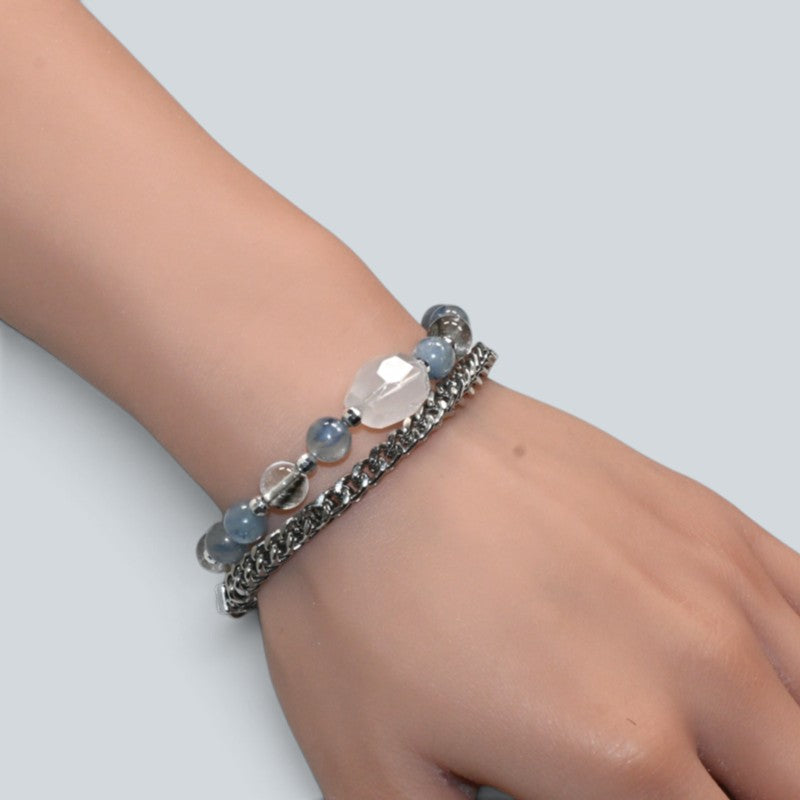 White Rabbit Fur Quartz Charm + Kyanite w/ Brookite in Quartz Bracelet
