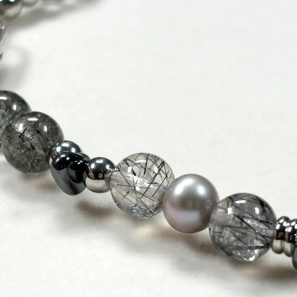 Black Rutilated Quartz Charm + Black Rutilated Quartz w/ Akoya Pearl Bracelet