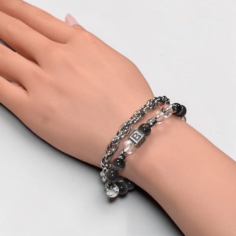 Letter B | Clear Quartz & Black Auralite Bracelet