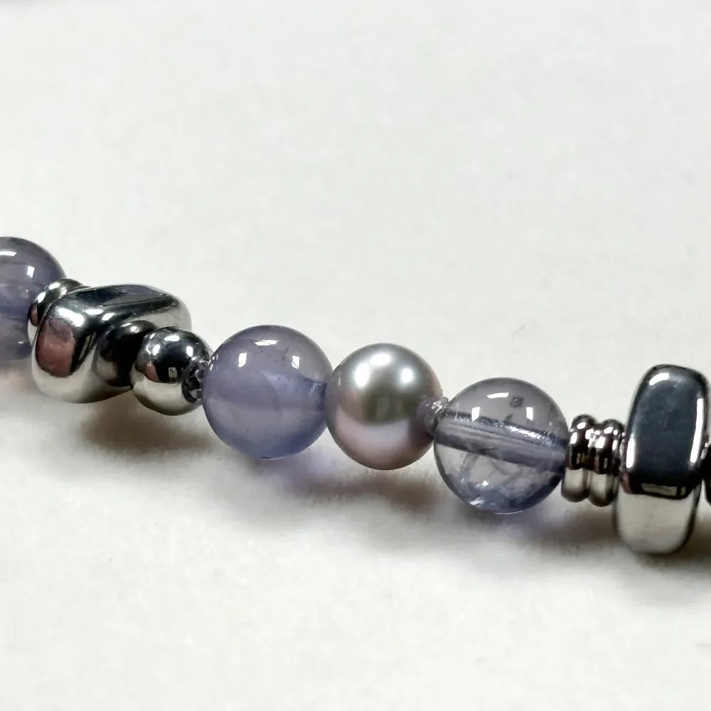 Black Herkimer Diamond Charm + Iolite w/ Akoya Pearl Bracelet