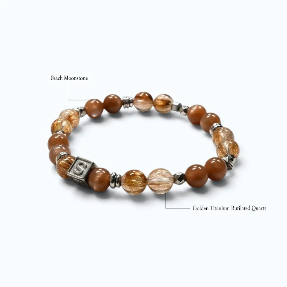 Letter S | Peach Moonstone & Golden Titanium Rutilated Quartz Bracelet