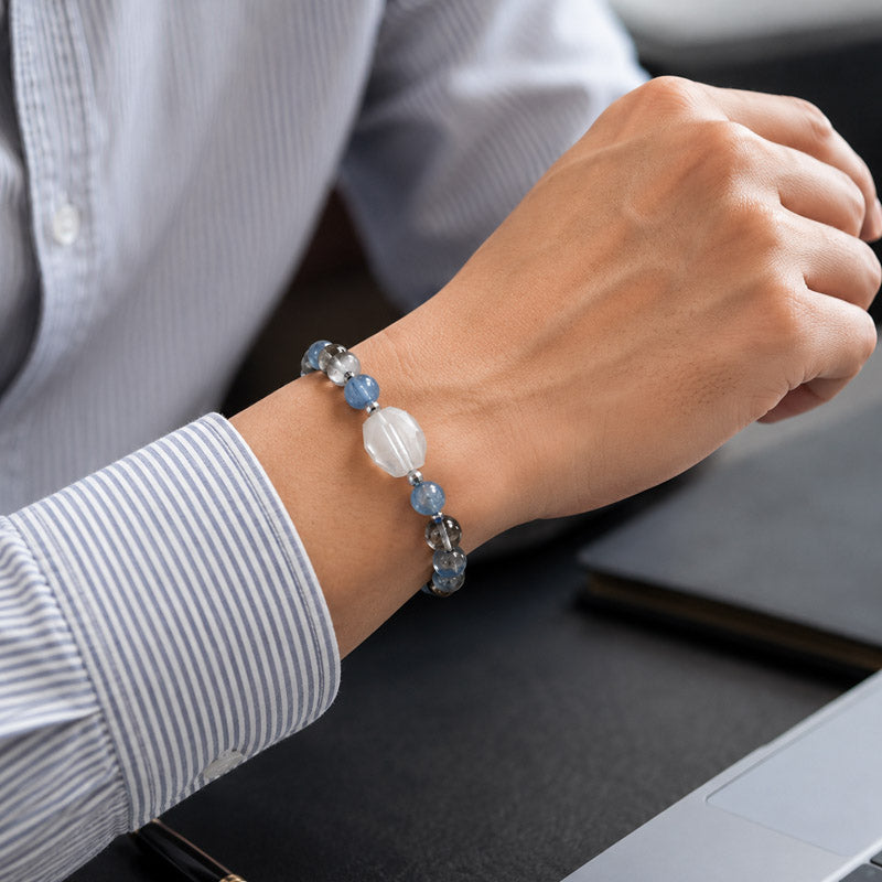 White Rabbit Fur Quartz Charm + Kyanite w/ Brookite in Quartz Bracelet