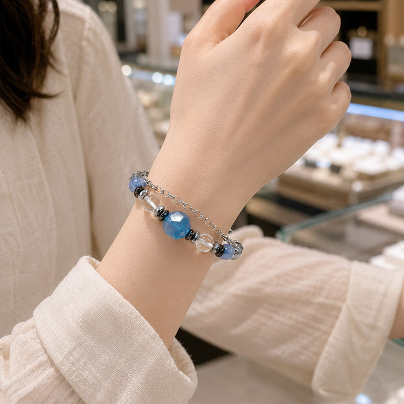 Aquamarine Charm + Kyanite w/ Brookite in Quartz Bracelet