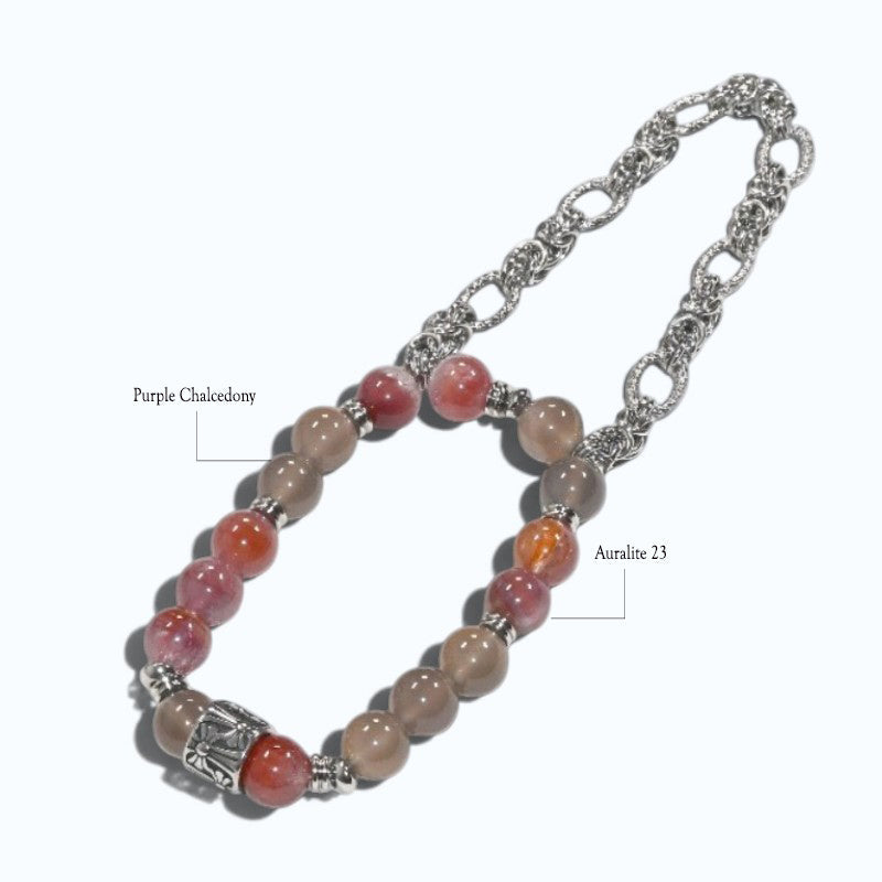 Silver Chrome Heart Cross Charm + Auralite 23 w/ Purple Chalcedony Bracelet