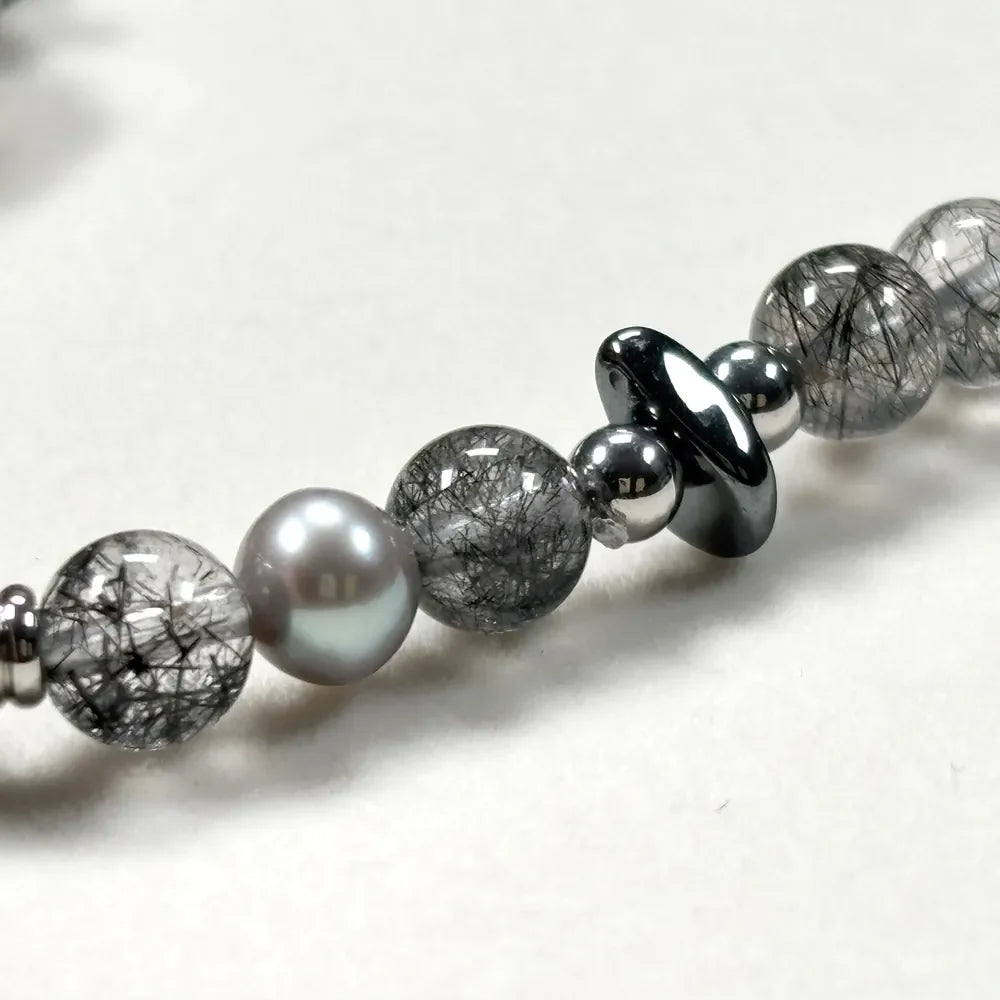 Black Rutilated Quartz Charm + Black Rutilated Quartz w/ Akoya Pearl Bracelet