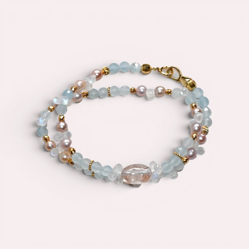 Rutilated Quartz Charm + Aquamarine+ Moonstone w/ Freshwater Pearl Dual- Loop Bracelet