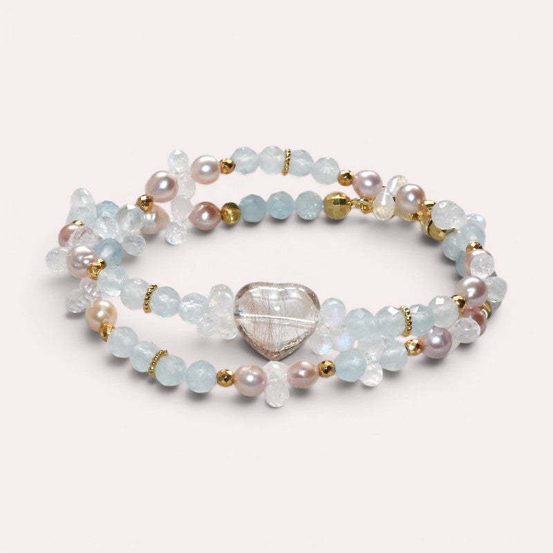 Rutilated Quartz Charm + Aquamarine+ Moonstone w/ Freshwater Pearl Dual- Loop Bracelet