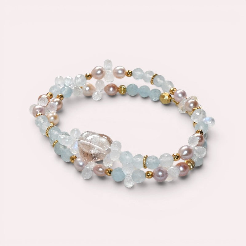 Rutilated Quartz Charm + Aquamarine+ Moonstone w/ Freshwater Pearl Dual- Loop Bracelet