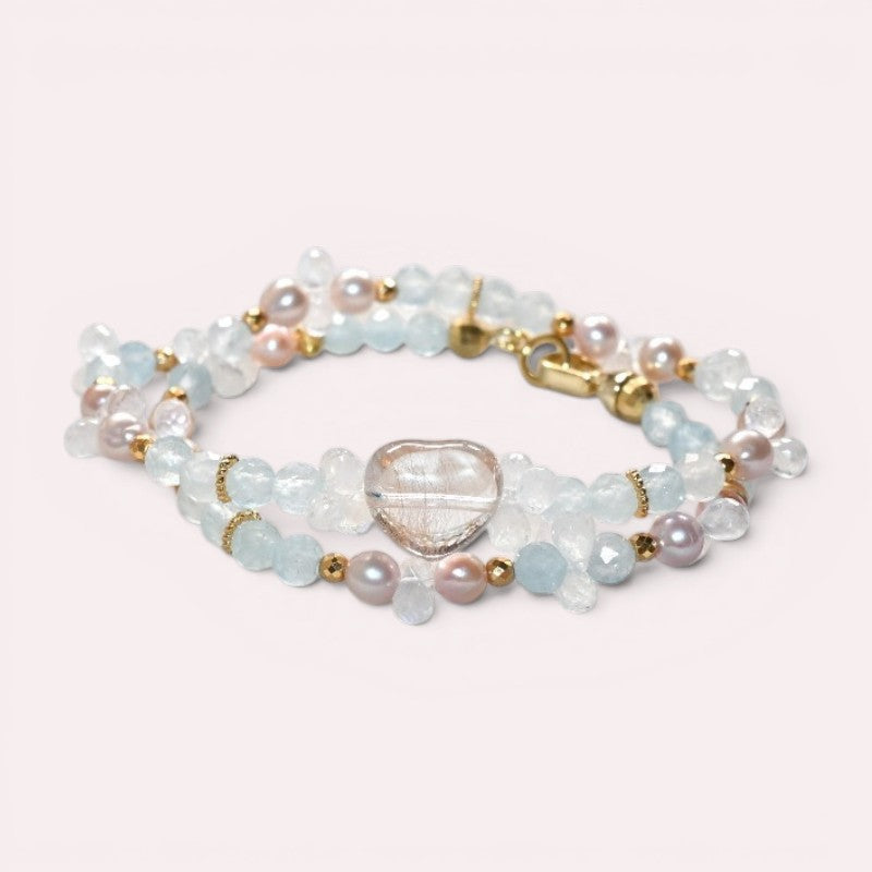 Rutilated Quartz Charm + Aquamarine+ Moonstone w/ Freshwater Pearl Dual- Loop Bracelet