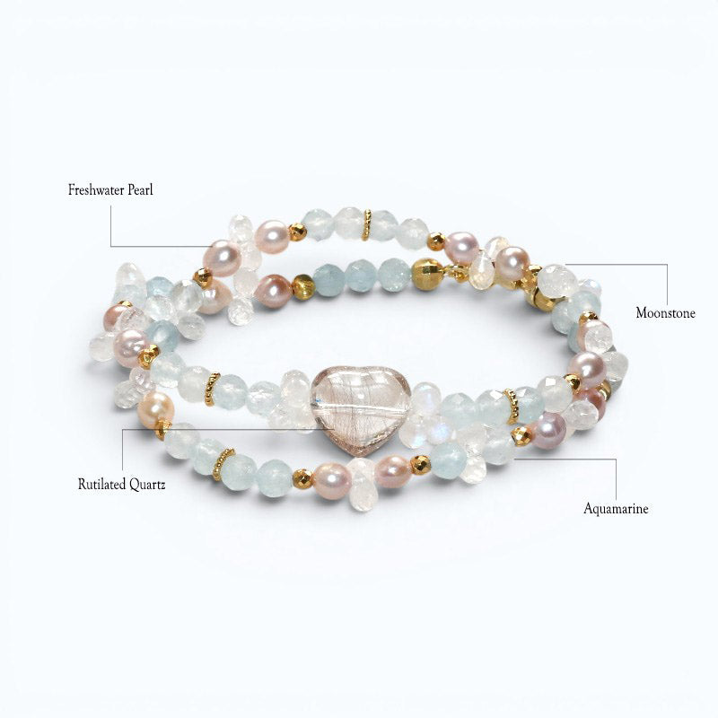 Rutilated Quartz Charm + Aquamarine+ Moonstone w/ Freshwater Pearl Dual- Loop Bracelet
