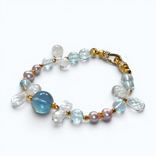 Aquamarine Charm +  Blue Topaz + Clear Quartz w/ Freshwater Pearl Bracelet