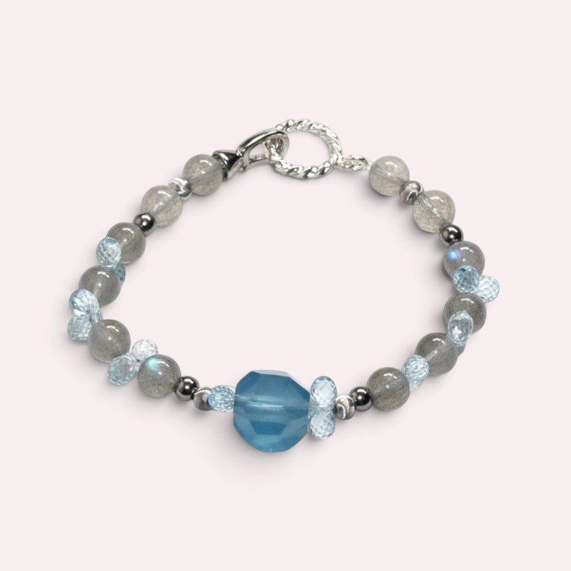 Aquamarine Charm + Grey Moonstone w/ Blue Topaz Bracelet