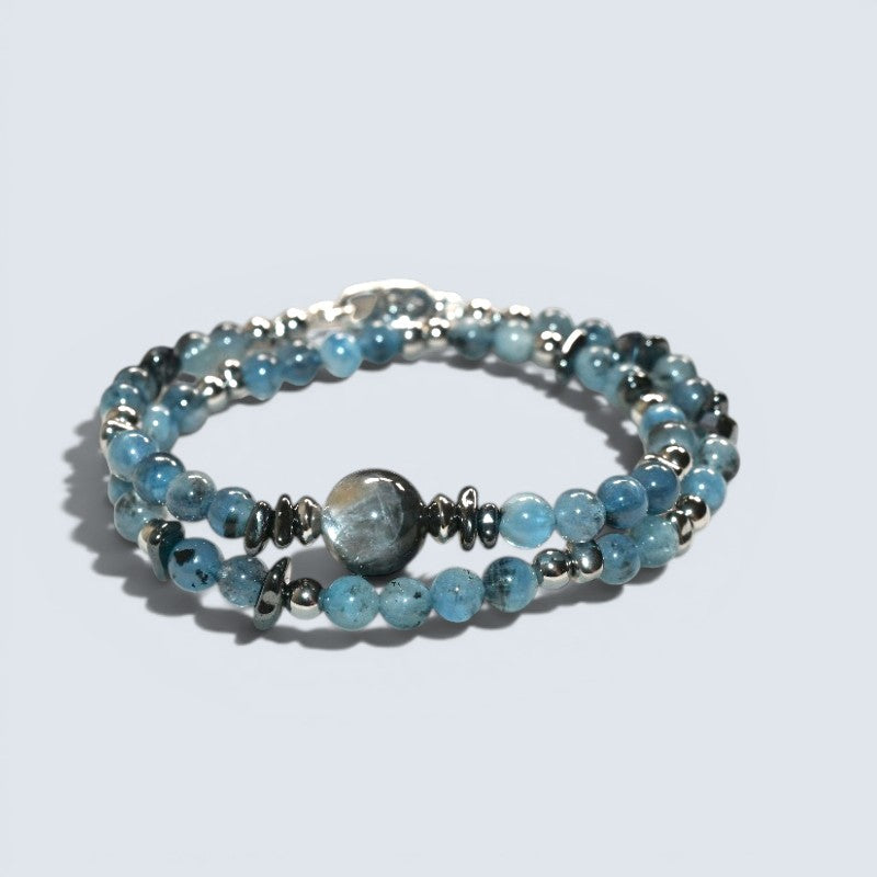 Black Sunstone w/ Devil Blue Aquamarine Dual -Loop Bracelet