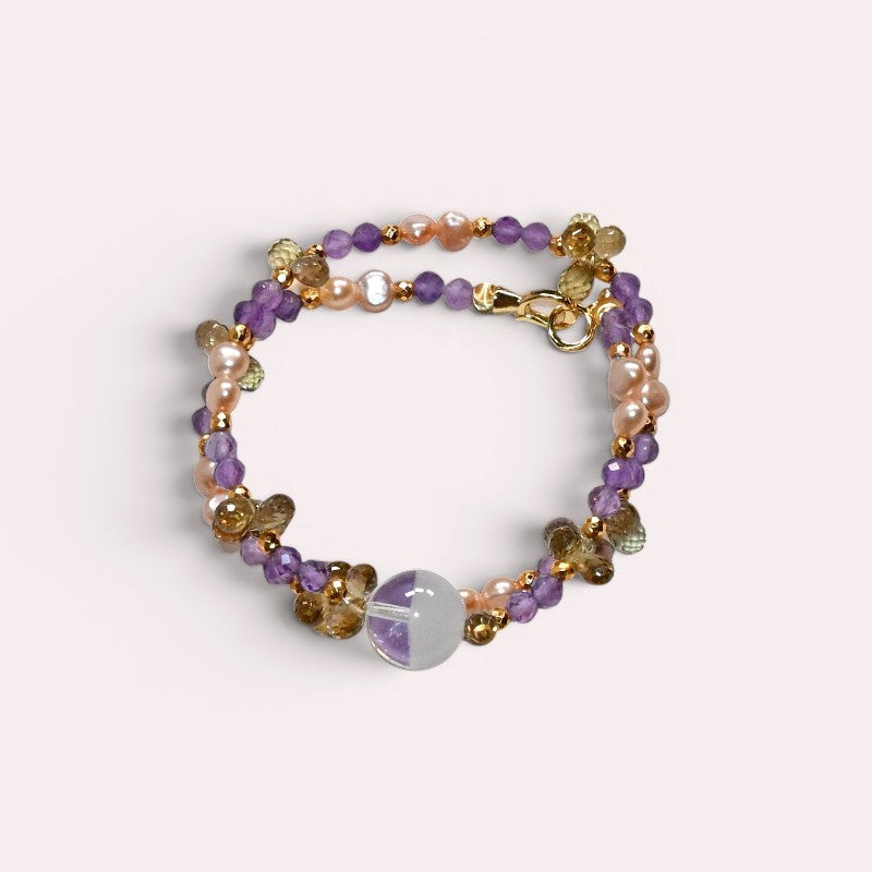 White Phantom Quartz Charm + Amethyst + Citrine w/ Freshwater Pearl Dual- Loop Bracelet
