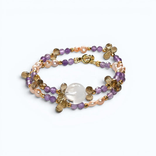 White Phantom Quartz Charm + Amethyst + Citrine w/ Freshwater Pearl Dual- Loop Bracelet