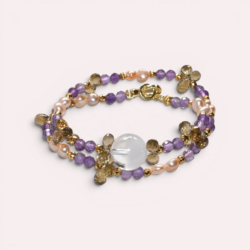 White Phantom Quartz Charm + Amethyst + Citrine w/ Freshwater Pearl Dual- Loop Bracelet