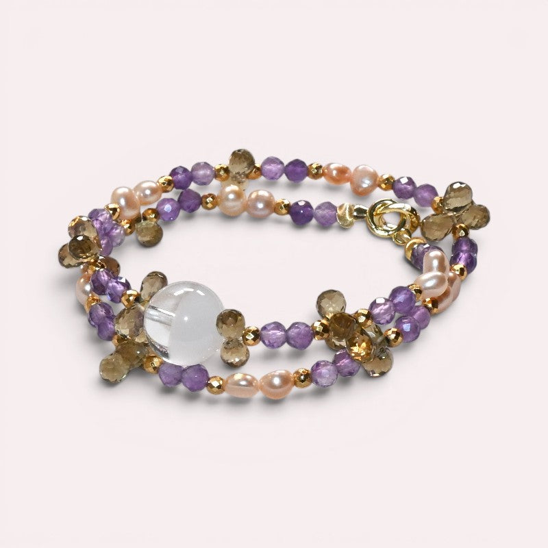 White Phantom Quartz Charm + Amethyst + Citrine w/ Freshwater Pearl Dual- Loop Bracelet
