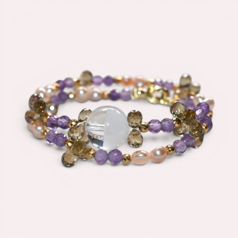 White Phantom Quartz Charm + Amethyst + Citrine w/ Freshwater Pearl Dual- Loop Bracelet