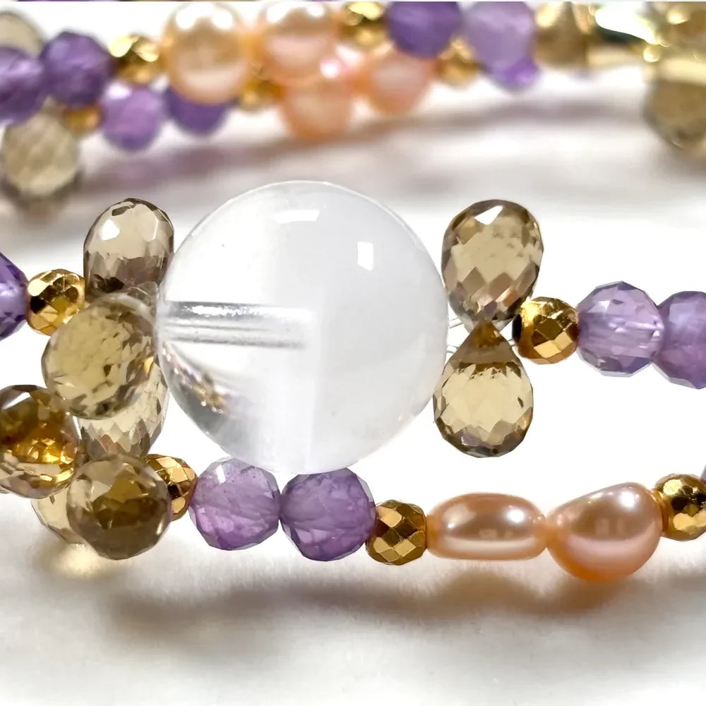 White Phantom Quartz Charm + Amethyst + Citrine w/ Freshwater Pearl Dual- Loop Bracelet