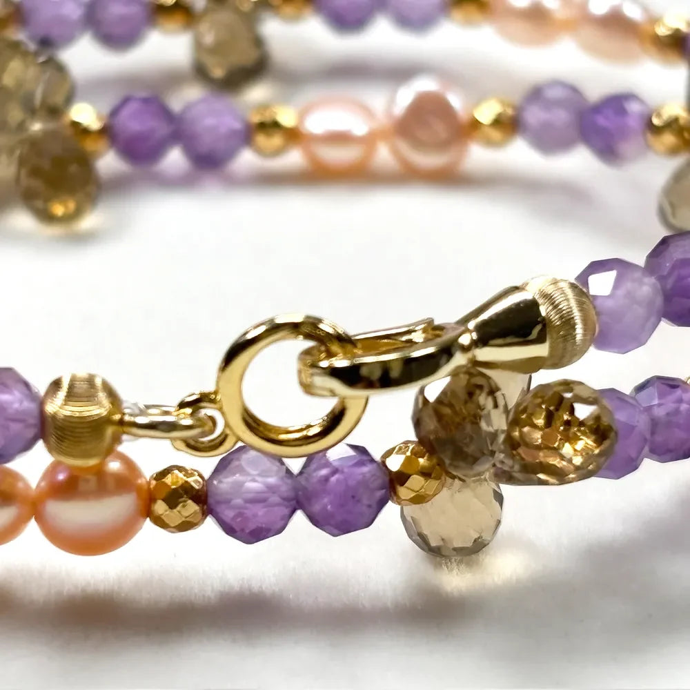 White Phantom Quartz Charm + Amethyst + Citrine w/ Freshwater Pearl Dual- Loop Bracelet