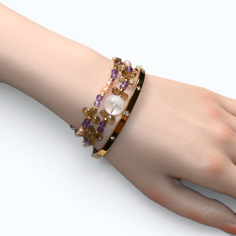 White Phantom Quartz Charm + Amethyst + Citrine w/ Freshwater Pearl Dual- Loop Bracelet